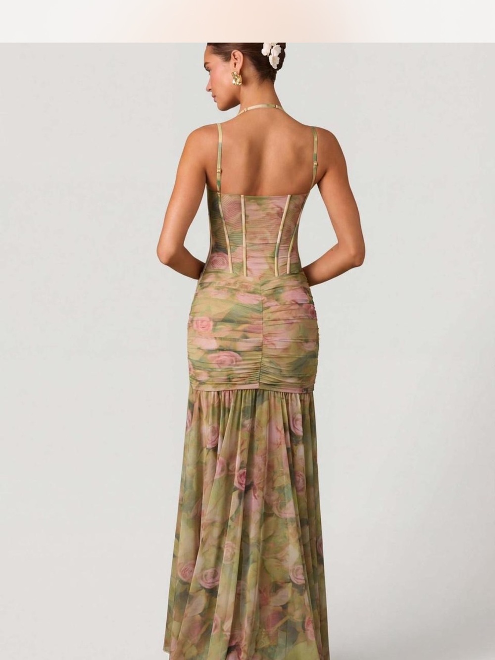 Oh Polly Green and Pink Floral Mesh Corset Maxi Dress - Picture 2 of 6